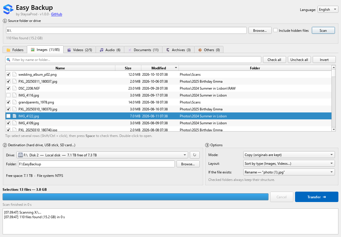 Easy Backup main window: files listed by type with checkboxes