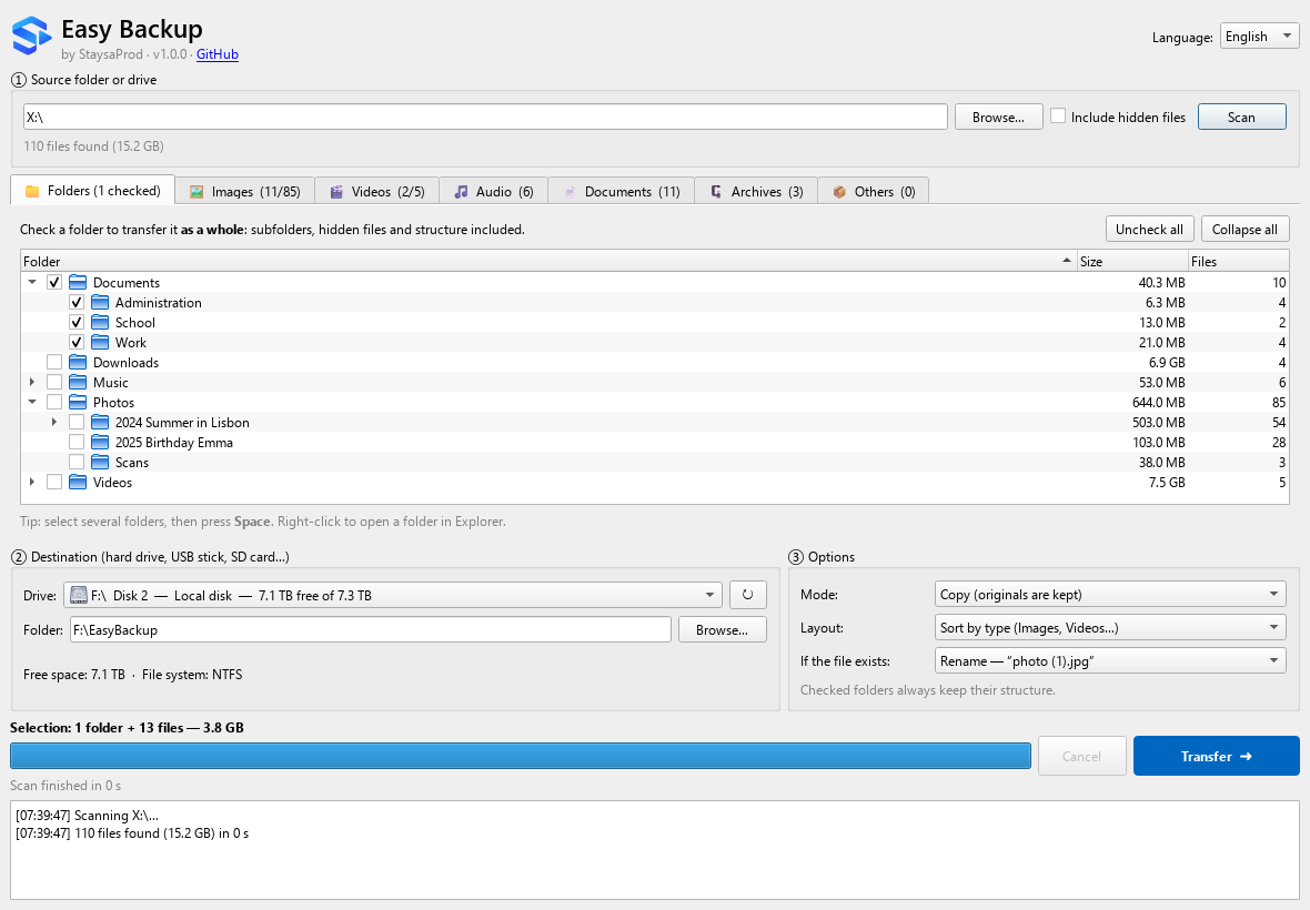 Folders tab: folder tree with size and number of files