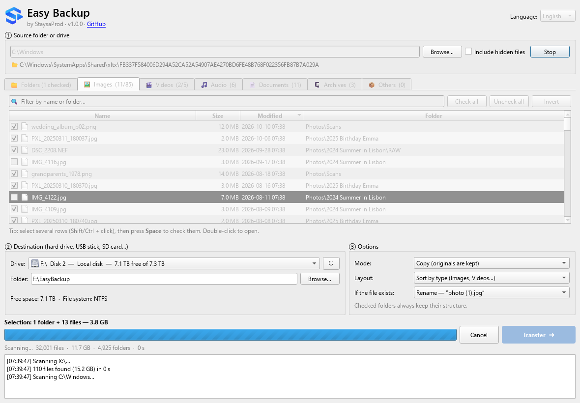 Scan in progress with file count, size and elapsed time